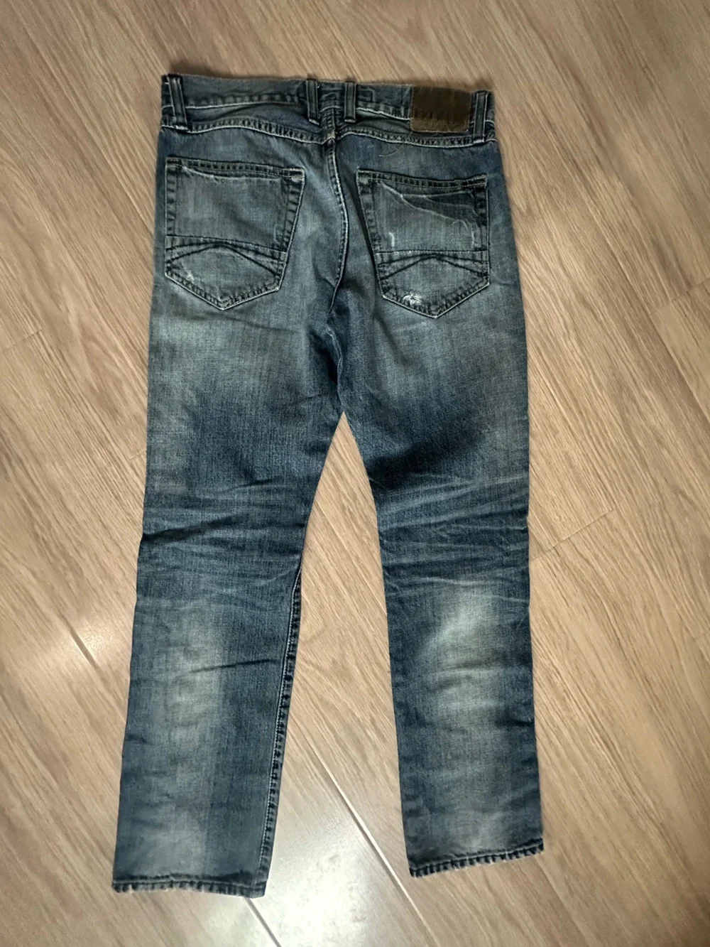 Express Men’s Straight Leg Distressed Jeans — Faded Blue
